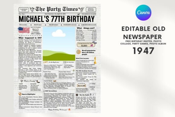 EDITABLE 1947 Birthday Vintage Newspaper